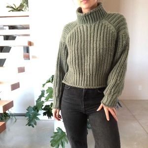 Olive green cropped chunky turtleneck sweater
